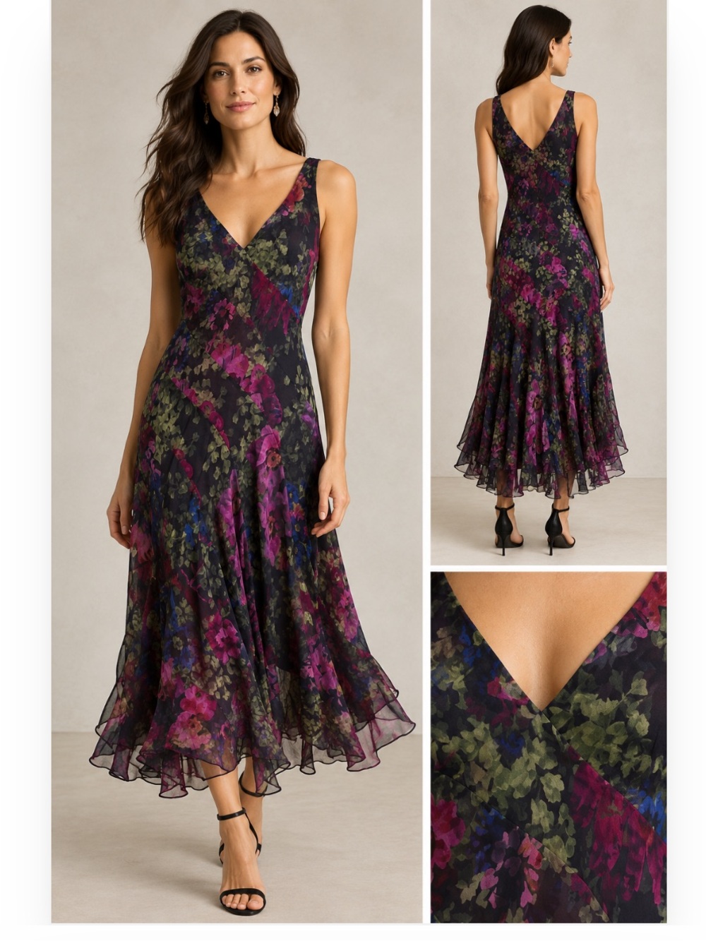 Vintage Lauren Ralph Lauren Bias-Cut Silk Chiffon Floral Midi Dress Sz 12
